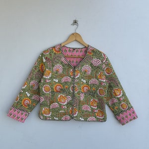 Reversible hand block print quilted jacket,handmade vintage quilted jacket,cotton sari kantha coat ,short jacket,Boho,Cotton Jacket
