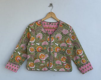 Veste matelassée réversible imprimée à la main, veste matelassée vintage faite main, manteau sari kantha en coton, veste courte, bohème, veste en coton