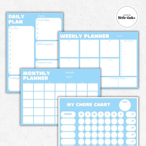 May include: A set of light blue and white planners and charts. The set includes a daily plan, weekly planner, monthly planner, and a chore chart. The text "DAILY PLAN", "WEEKLY PLANNER", "MONTHLY PLANNER", and "MY CHORE CHART" are visible.