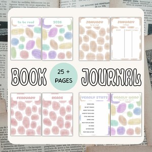 Könnte beinhalten: Ein Buchjournal mit farbenfrohem Design. Das Journal enthält Seiten zum Verfolgen von Lesungen, Jahresstatistiken und Jahresauszeichnungen. Das Cover zeigt die Wörter "BOOK JOURNAL" und "25+ PAGES". Die Seiten haben ein aquarellartiges Design.