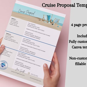 Puede incluir: Una plantilla blanca de Propuesta de Crucero con texto azul y una ilustración de escena de playa. La plantilla incluye opciones para destinos de cruceros, precios y una plantilla de Canva personalizable. El texto dice "Propuesta de Crucero" y "Propuesta de 4 páginas".