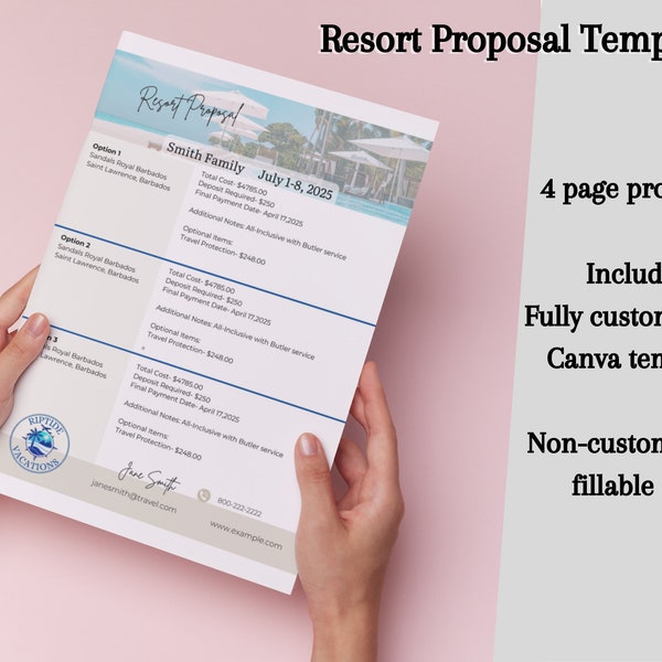 Travel Agent Resort Proposal- Multiple Option Vacation Quote- Customizable Canva Template & Fillable PDF-All Inclusive/Any Resort- Printable