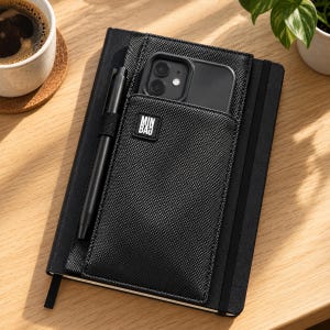 May include: A black notebook featuring an integrated textured fabric pocket on the front cover. The pocket holds a black smartphone and a black pen. A small square label with the white text MIN BAG is attached to the pocket. The notebook has a black elastic closure band.