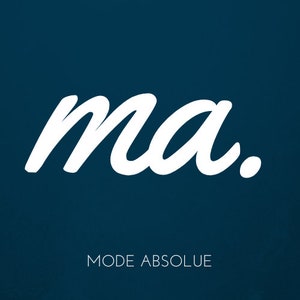 Peut inclure: Texte blanc sur fond bleu foncé, "ma." avec les mots "MODE ABSOLUE" en dessous.