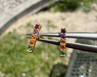 Real 18K Yellow Gold Rainbow Bar Stud Earrings – Minimalist & Colorful