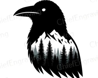 Laser Engraving PNG | Digital Image File for Instant Download | Raven Silhouette with Trees and Mountains