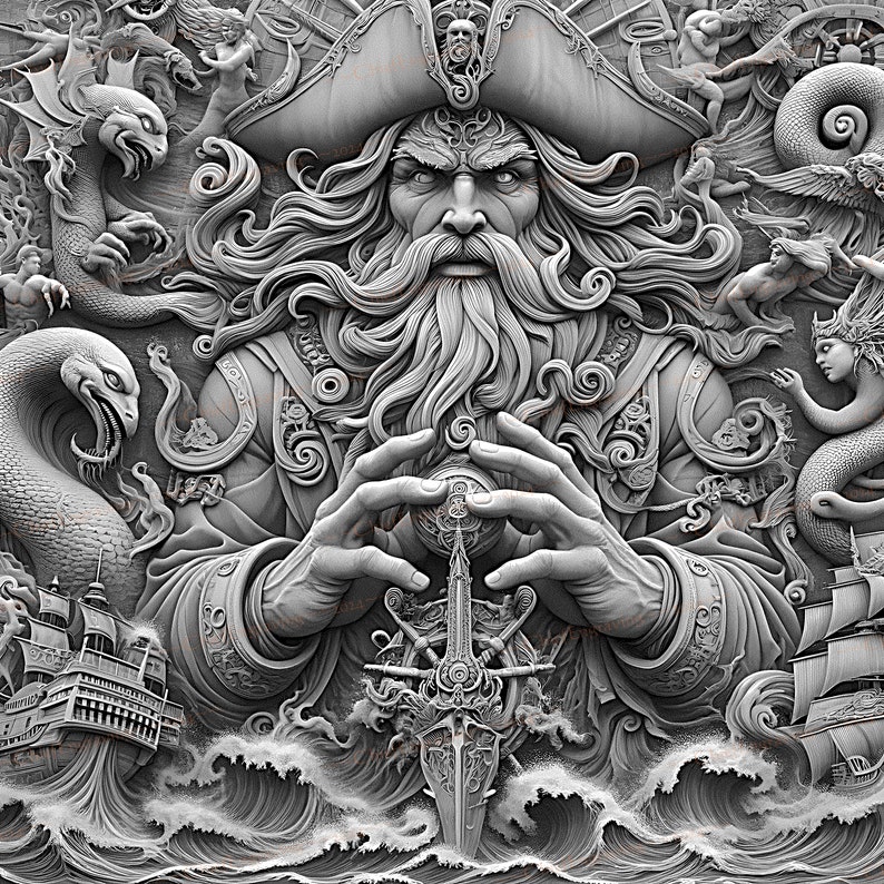 May include: A detailed, gray-scale relief sculpture of a pirate captain with a long beard and a large hat. The captain is holding a compass in his hands. The sculpture is surrounded by other nautical imagery, including ships, sea creatures, and waves.