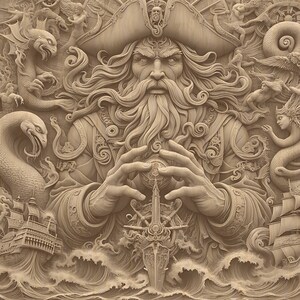May include: A detailed, carved relief sculpture of a bearded pirate captain holding a compass. The sculpture is set against a background of swirling waves and mythical sea creatures.