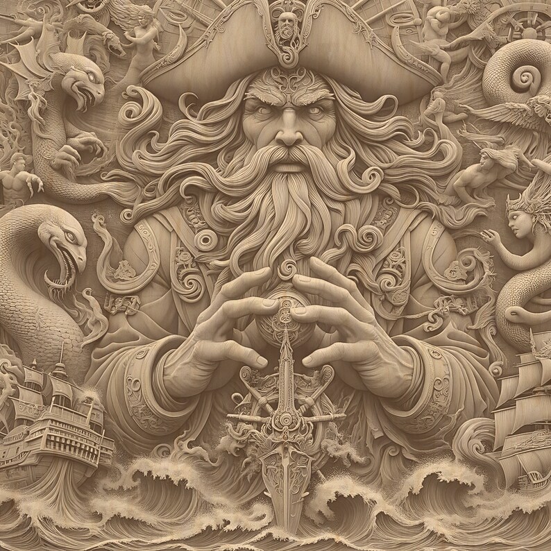 May include: A detailed, carved relief sculpture of a bearded pirate captain holding a compass. The sculpture is set against a background of swirling waves and mythical sea creatures.