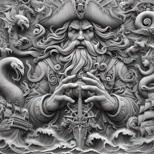 May include: A detailed, gray-scale sculpture of a bearded pirate captain with a large hat, holding a compass in his hands. The sculpture is surrounded by other nautical imagery, including ships, waves, and sea creatures.