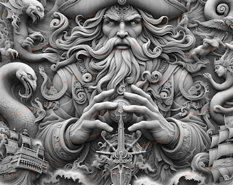 Pirate God Digital Art | Laser Engraving PNG Files | Mythical Sea Deity | High Res Digital Download | Perfect for Engraving Projects