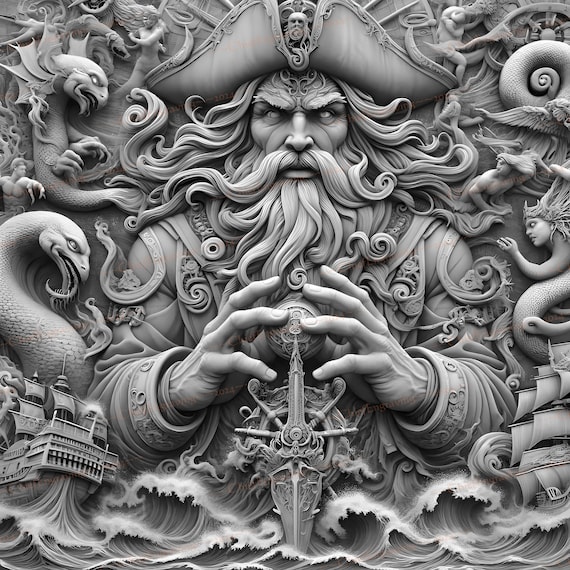 Pirate God Digital Art | Laser Engraving PNG Files | Mythical Sea Deity | High Res Digital Download | Perfect for Engraving Projects