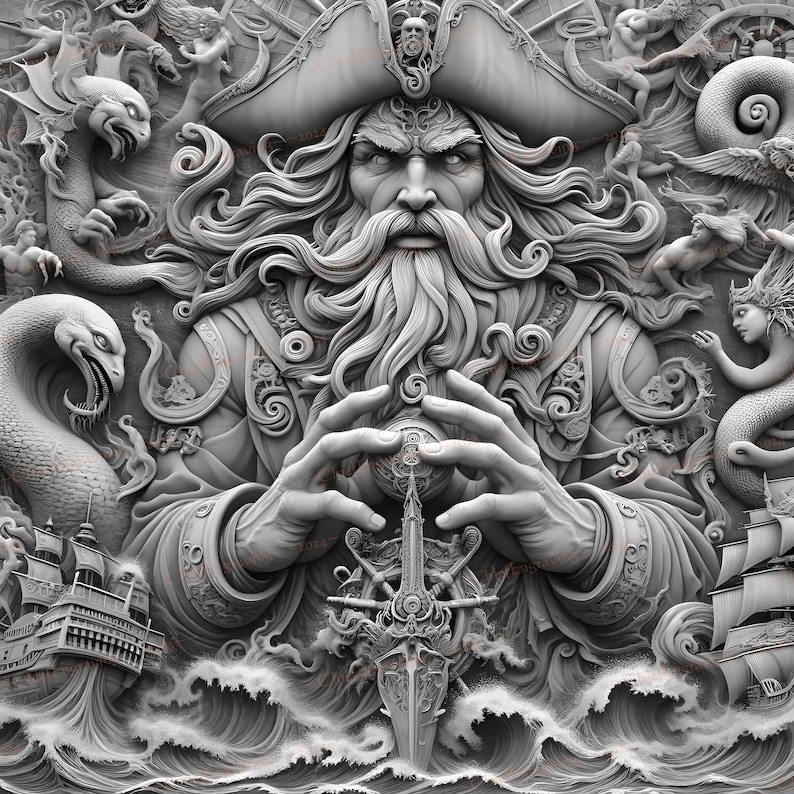 May include: A detailed, gray-scale sculpture of a bearded pirate captain with a large hat, holding a compass in his hands. The sculpture is surrounded by other nautical imagery, including ships, waves, and sea creatures.