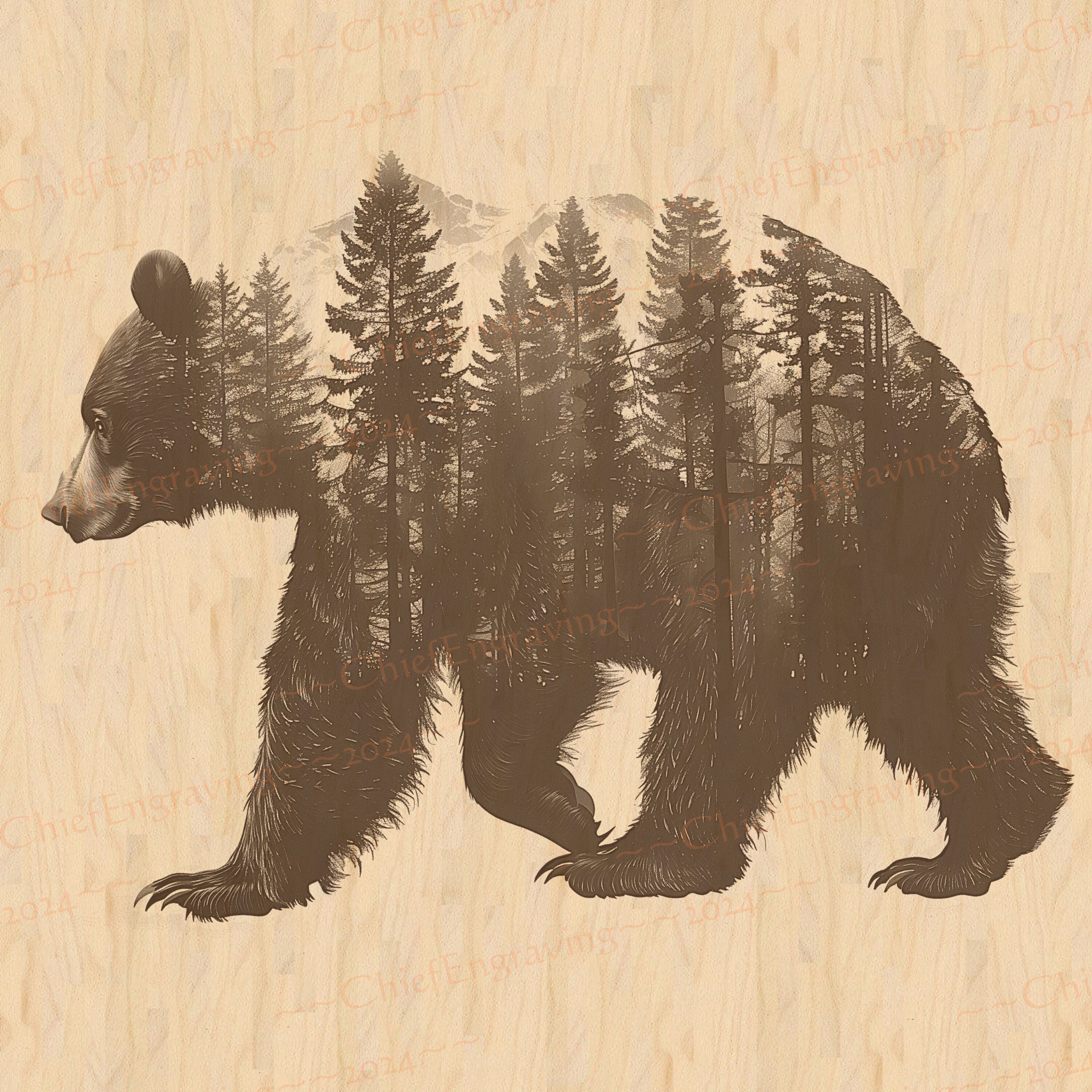 クマのシルエットの森の風景 PNG | 詳細なレーザー彫刻ファイル | 木工