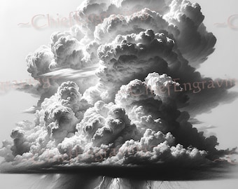 May include: A black and white pencil drawing of a large, dark storm cloud with lightning bolts striking below. The cloud is very detailed and realistic, with many individual clouds visible.