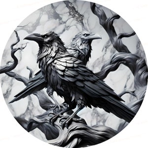 May include: Two black ravens perched on a bare tree branch, with a detailed, textured, and realistic appearance. The ravens are facing different directions, with one looking directly at the viewer.