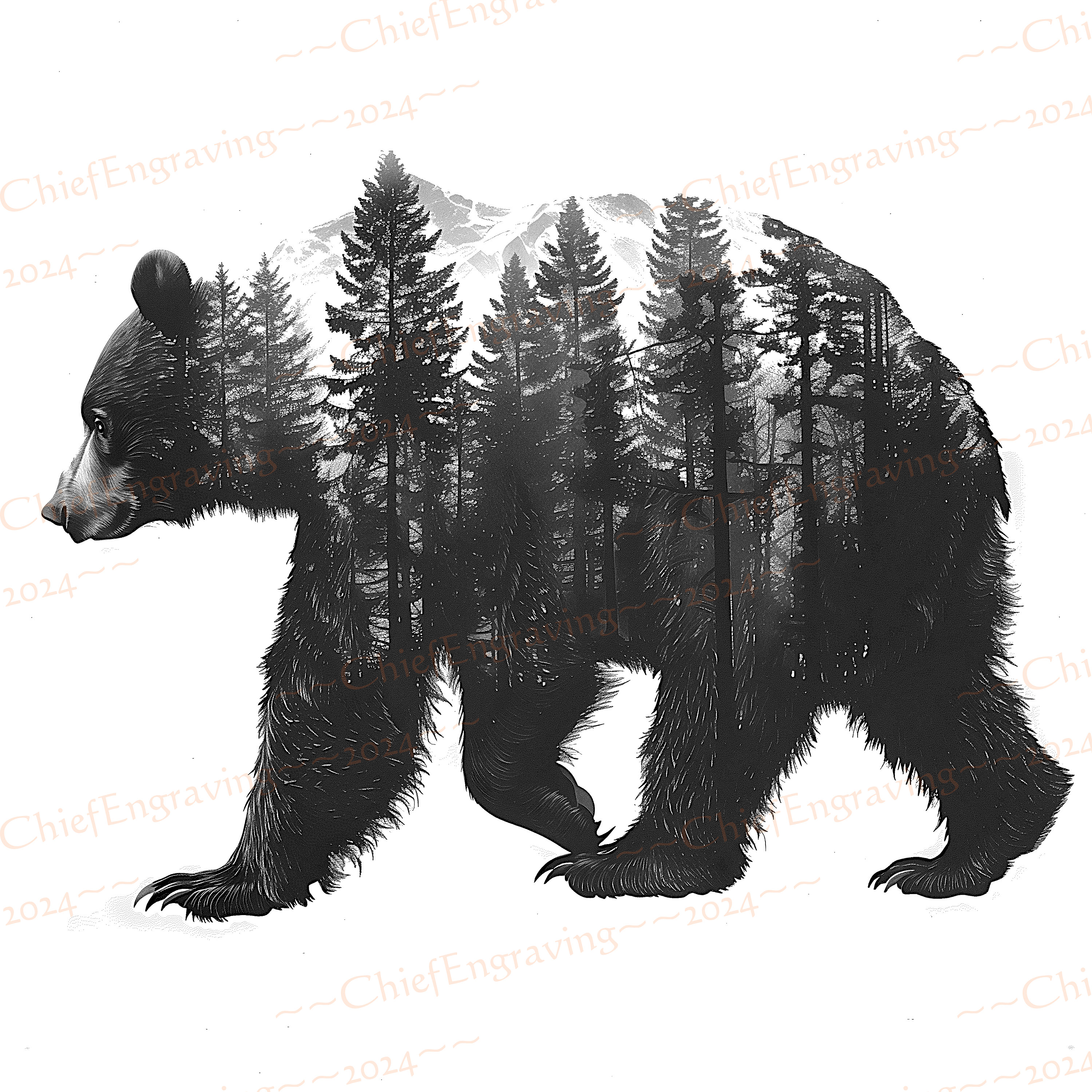 2023年 クマと森の風景 プレート クマのシルエットの森の風景 PNG | 詳細なレーザー彫刻ファイル | 木工