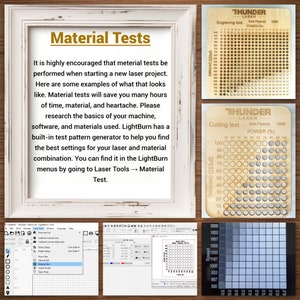 May include: A diagram explaining how to perform material tests for laser cutting and engraving. The diagram shows a grid of circles with different power and speed settings for a laser cutter. The text on the diagram reads "THUNDER LASER" and "Engraving test" and "Cutting test".