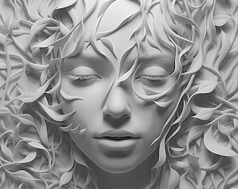 3D Woman Face Art PNG - Monochromatic Digital Download for Laser Engraving, Female Portrait with Leaf Accents, Unique Crafting Image