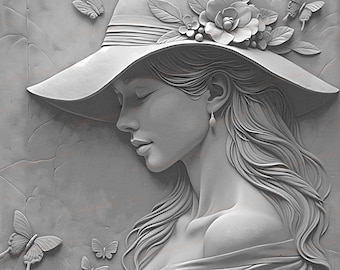 Laser Engraving PNG Files  | 3D Illusion Laser Ready Artwork |  Engraving File | Serene Lady Portrait | Floral Hat | Bas Relief
