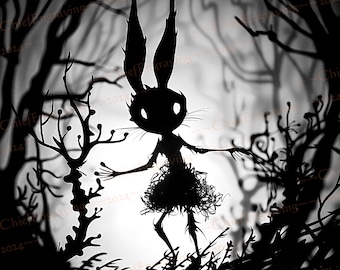 Laser Burn PNG | Engrave | Laser Ready | Digital Design File | Black and White | Dark Art | Girl Easter Bunny in the Forest