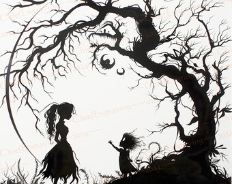 Laser engraving PNG for Digital Download | File for Laser Burn | Black and White | Grayscale | Nightmare Halloween | Ghost Woman and Child