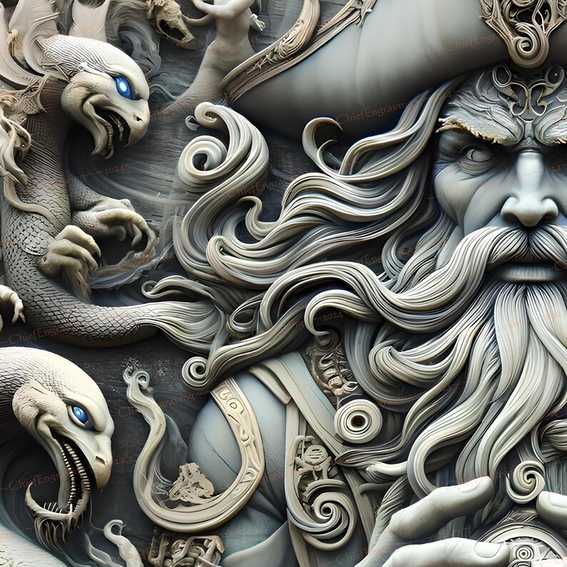 May include: A detailed, gray, sculpted relief of a pirate with a long beard and a hat. The pirate is surrounded by two sculpted, gray, dragon-like creatures with blue eyes.