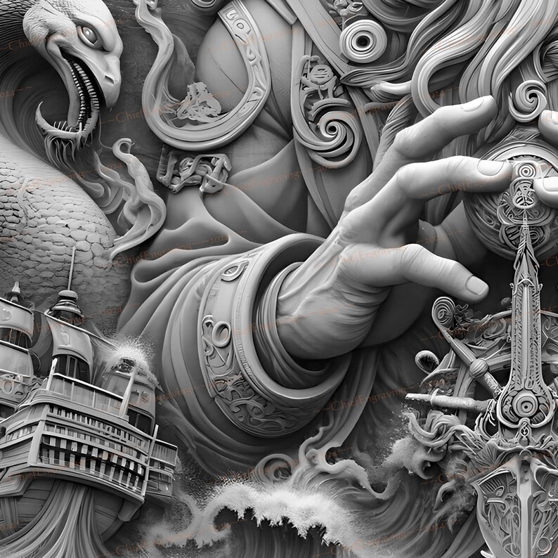 May include: A detailed 3D model of a hand reaching out, possibly holding a small orb. The hand is adorned with intricate jewelry and is part of a larger sculpture depicting a mythical figure.