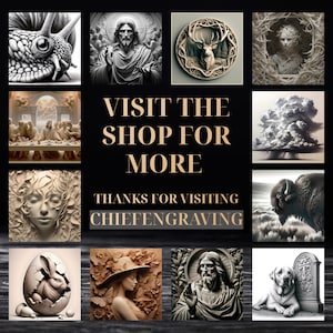 May include: A collage of 10 wood carvings, including a snail, Jesus, a deer, a woman, a Last Supper scene, a storm cloud, a bison, a rabbit in an egg, a woman with a hat, and a man with a beard. The text "VISIT THE SHOP FOR MORE" and "THANKS FOR VISITING CHIEFENGRAVING" is also included.