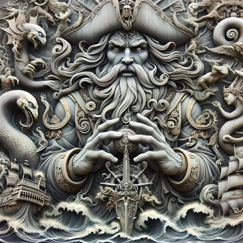 May include: A detailed, gray, sculpted relief of a pirate captain with a long beard, holding a sword. The captain is surrounded by sea creatures and ships, creating a dramatic scene.