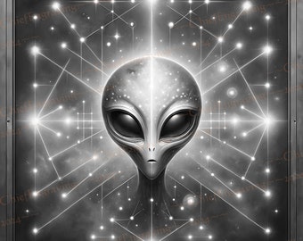 May include: A black and white digital illustration of a grey alien's face with large eyes. The alien's face is surrounded by a geometric pattern of lines and dots, resembling a constellation.