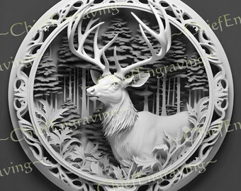 Laser Burn PNG 3D Illusion Laser Ready Engraving File Digital Download, Circular Elk with Antlers