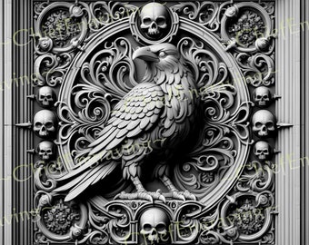 Laser Burn PNG 3D Illusion Digital Engraving File Ready for Download, Gothic Raven Skulls Artwork