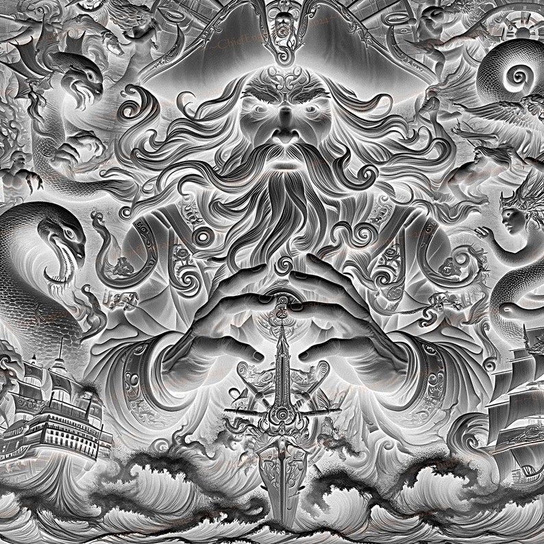 May include: A black and white illustration of a bearded man with a crown, holding a sword in his hands. The image is surrounded by various symbols and creatures, including snakes, a ship, and a compass.