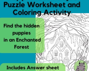 I Spion Wimmelbild Puzzle Arbeitsblatt – Finde den Welpen im Zauberwald | Druckbare Übung für Kinder