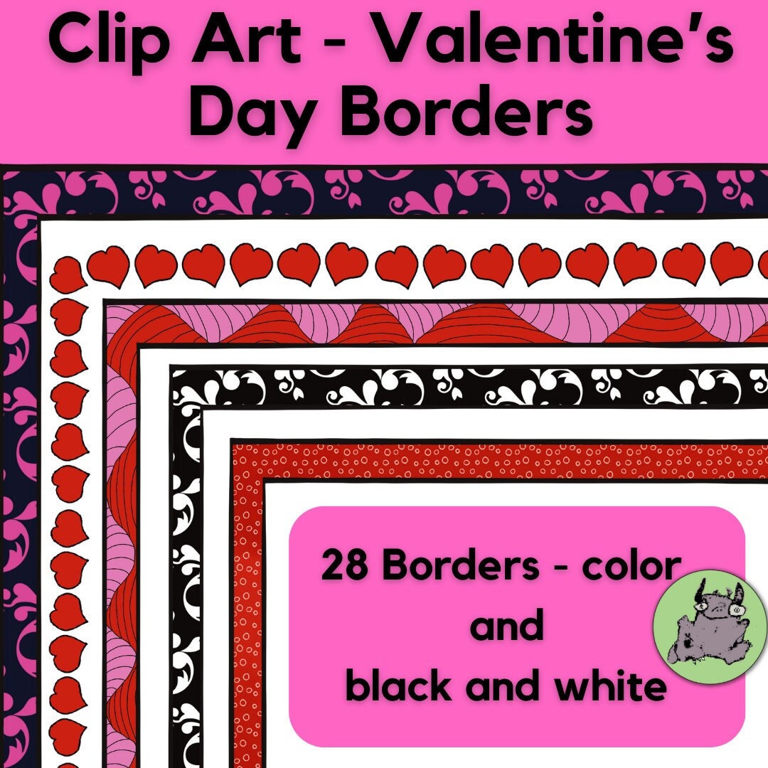 Valentine’s Day Borders Clip Art | Pink, Red and Black and White Frames ...