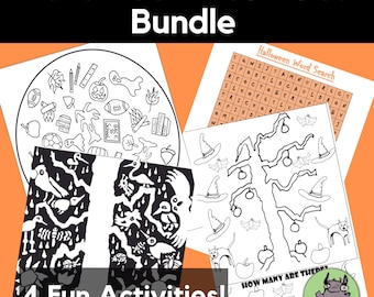 May include: A set of four black and white Halloween-themed printable activity sheets. The sheets include a word search, a 'how many' counting activity, a 'find the hidden objects' activity, and a 'find the difference' activity. The text on the sheets reads "Halloween Word Search", "How Many Are There?", and "4 Fun Activities!"