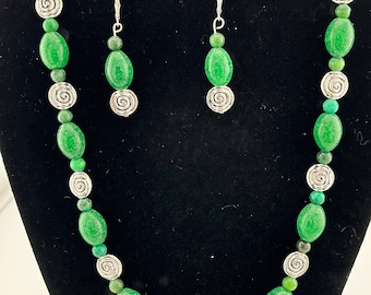 Rich Green Beads with Spirals - Necklace and Earring Set