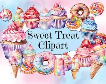 Watercolor Sweet Treats Clipart: Cupcakes, Donuts, Ice Cream (PNG Digital Download)