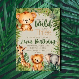 Invitación de cumpleaños para tres niños - Tema safari - Plantilla editable - Descarga instantánea - Jungla