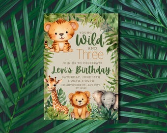 Young Wild & Three Birthday Invite - Safari Theme - Editable Template - Instant Download - Jungle