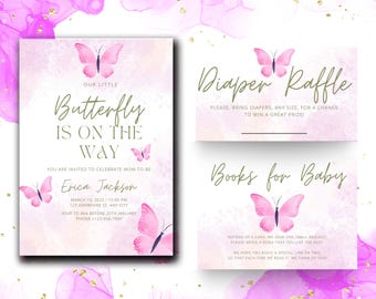 Invitaciones para baby shower con mariposas rosas: Plantilla editable de Canva (descarga digital)