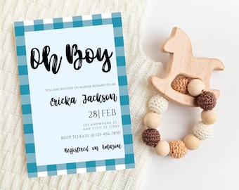 Invitación de baby shower de cuadros azules: ¡Oh Boy! (Descarga digital)