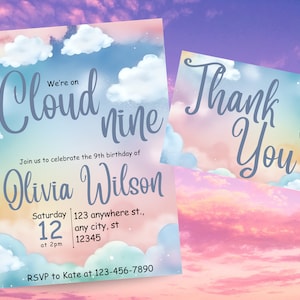 Cloud Nine Birthday Invitation: Girl Party, Editable Template (PDF)