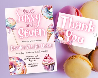 Sweet Sassy Seven 7. Geburtstagseinladung: Donuts & Cupcakes (Digital Printable)