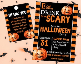May include: Halloween party invitation with orange and black stripes, a pumpkin illustration, and the text "Eat, Drink, & be Scary. Join us for a Halloween party. October 31. Clemen's House. 123 Anywhere St. Any City, ST 12345. RSVP: Kate @ 123-456-7890. Come in your best costume. Join us if you dare."