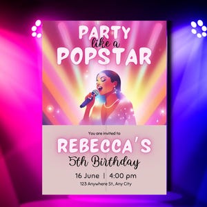 Party Like a Popstar Birthday Invitation - Editable Music Party Template - Neon Glow - Dance Party