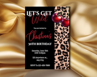 Verjaardagsuitnodiging Cheetah Cherry: jungle glamour luipaardprint (pdf)