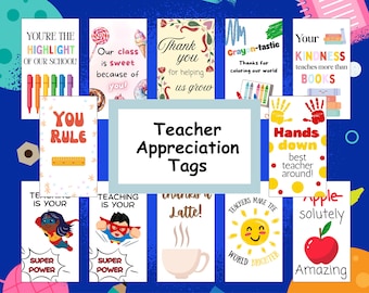 May include: A set of 12 colorful teacher appreciation gift tags with various designs and messages. The tags feature illustrations of a ruler, a superhero, a cup of coffee, a sun, an apple, crayons, books, and handprints. The text on the tags includes phrases like "You Rule", "Teaching is Your Super Power", "Hands Down Best Teacher Around", and "Apple Solutely Amazing".