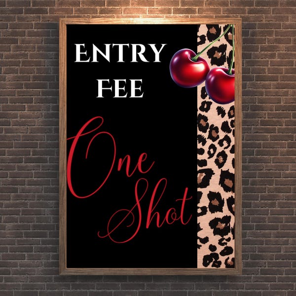Cheetah & Cherries Entry Fee Sign: Bachelorette, Birthday Party (8.5x11, 8.5x10 PDF Digital Download